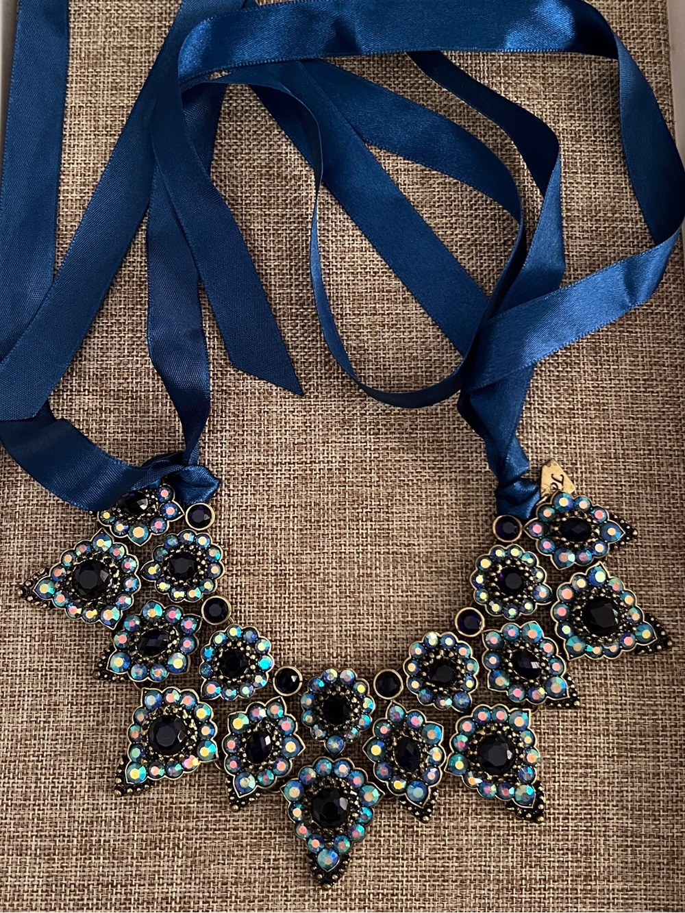 Park Lane Nightingale Necklace, Bib Necklace with Satin Ribbon, Navy Blue, NWOT